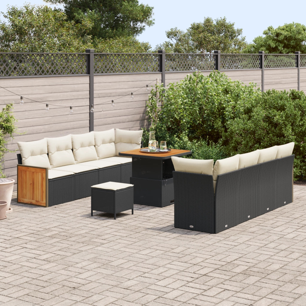 Set di divani da giardino da 11 pezzi con cuscini nero polyrattan acacia