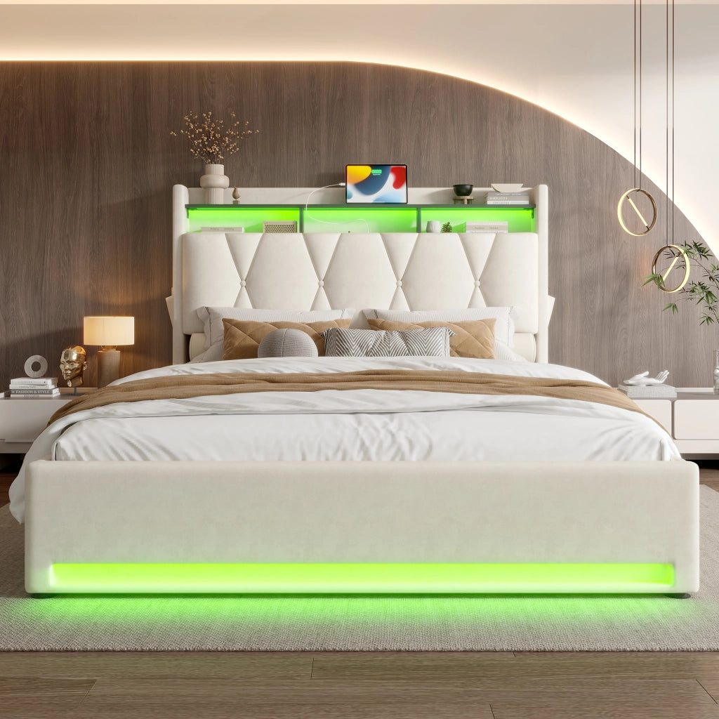 OKWISH Letto Contenitore 160×200 cm, Letto Matrimoniale con LED Regolabile, USB, Tipo C e Mensole, senza Materasso, in Velluto, Beige