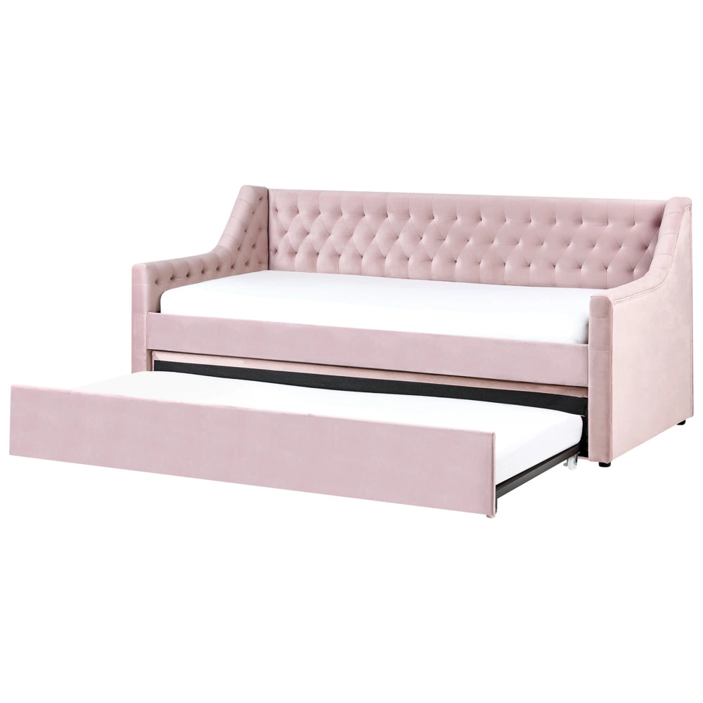 Letto singolo con letto estraibile 90 x 200 cm in Velluto Rosa con Rete a Doghe