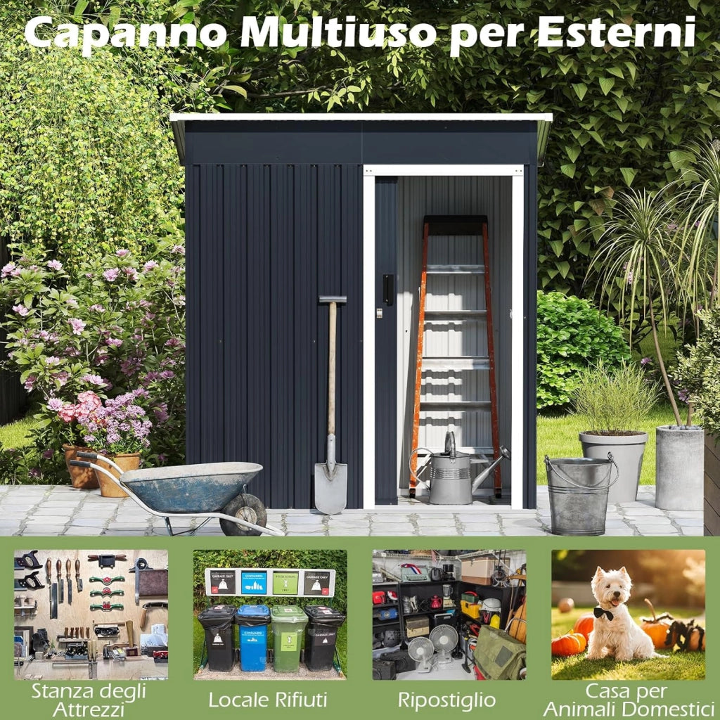 Capanno per Attrezzi da Giardino in Metallo, Casetta Porta Attrezzi in Acciaio con Porta Scorrevole Sistema di Blocco, Casetta per Stoccaggio per Prato e Cortile, 163 x 86 x 181 cm, Grigio