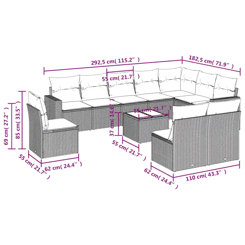 Set Divani da Giardino 11 pz con Cuscini Polyrattan Marrone 3251460