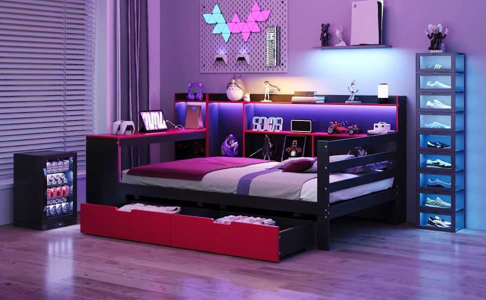 Divano letto in legno 90 x 200 cm nero+rosso; scrivania; scaffali; riporzione; illuminazione e prese integrate
