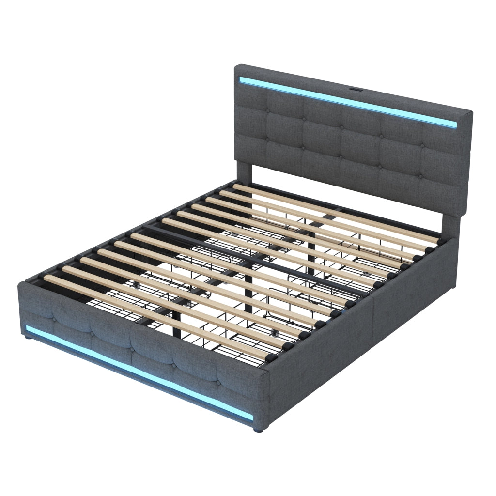 Letto imbottito con LED - Zephmum- 140x200 cm - Grigio - 4 cassetti, 2 porte USB, testiera LED
