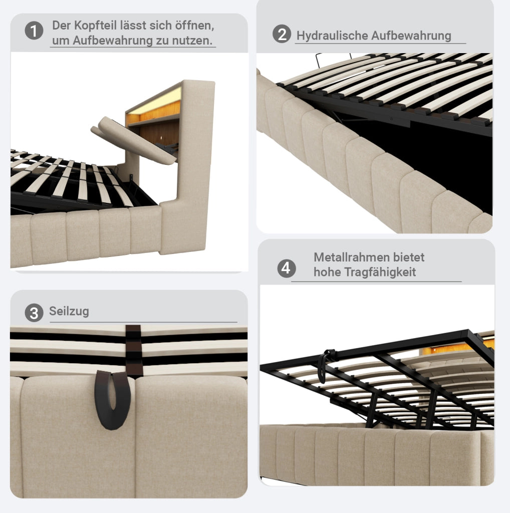 Letto imbottito beige con contenitore idraulico, LED e ricarica USB
