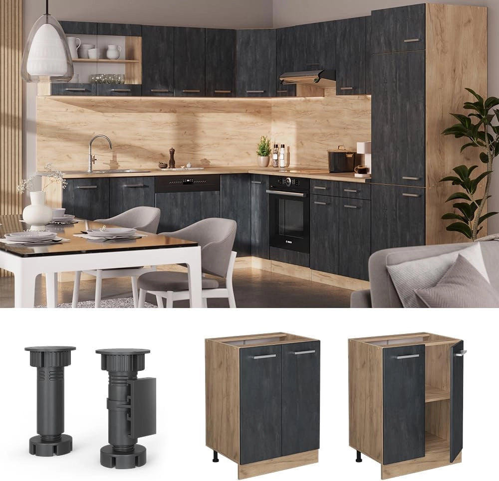 Mobiletto base cucina R-Line, Calcestruzzo nero, 60 cm senza piano di lavoro, per la libera combinazione all'interno di sistemi cucina modulari