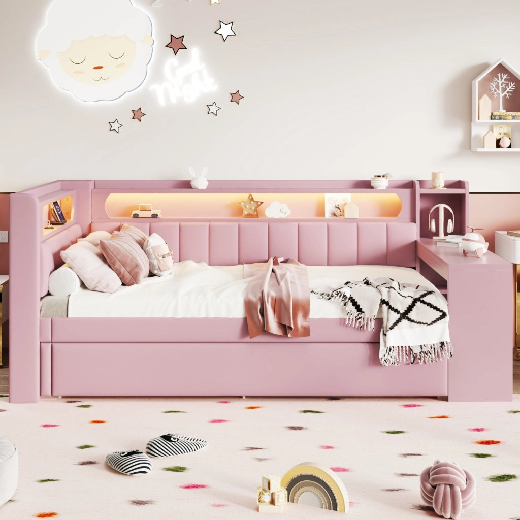Letto da giorno imbottito rosa 90x200 con LED, USB, letto estraibile e scrivania