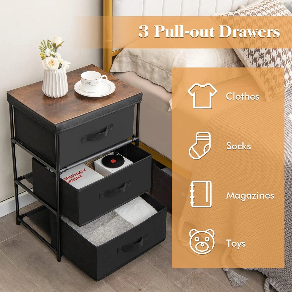 Armadietto a 3 Cassetti, Cassettiera Verticale con Contenitori in Tessuto Pieghevoli e Rimovibili, Comò in Stile Industriale per Camera da Letto, Soggiorno e Ufficio, 3 Colori (Nero)