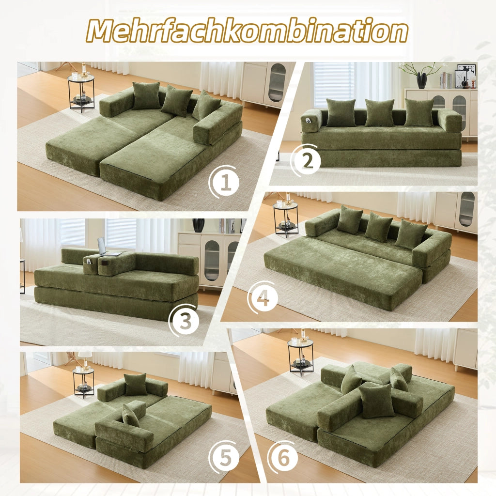 Divano modulare in ciniglia con Tasche laterali e Base antiscivolo, Verde