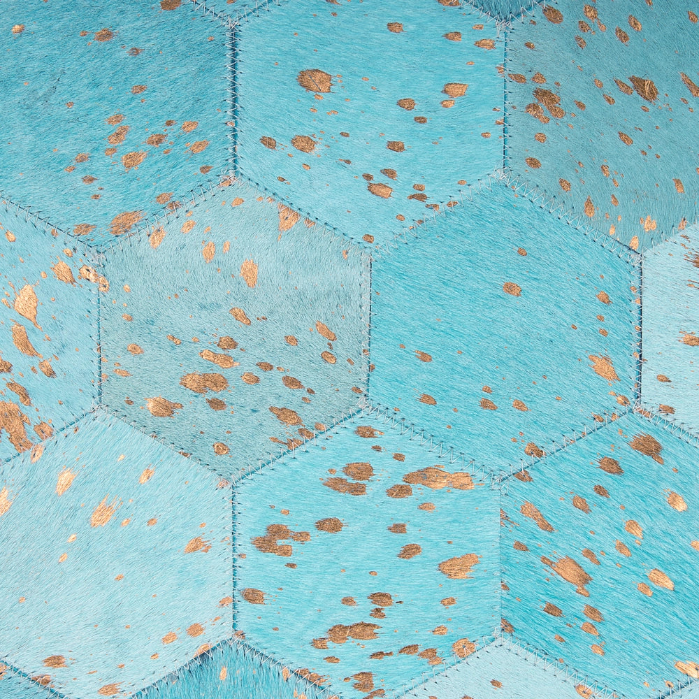 Tappeto Blu Pelle 140 cm Moderno Patchwork Turchese Motivo A Nido D'ape Tappeto Intrecciato A Mano Rotondo