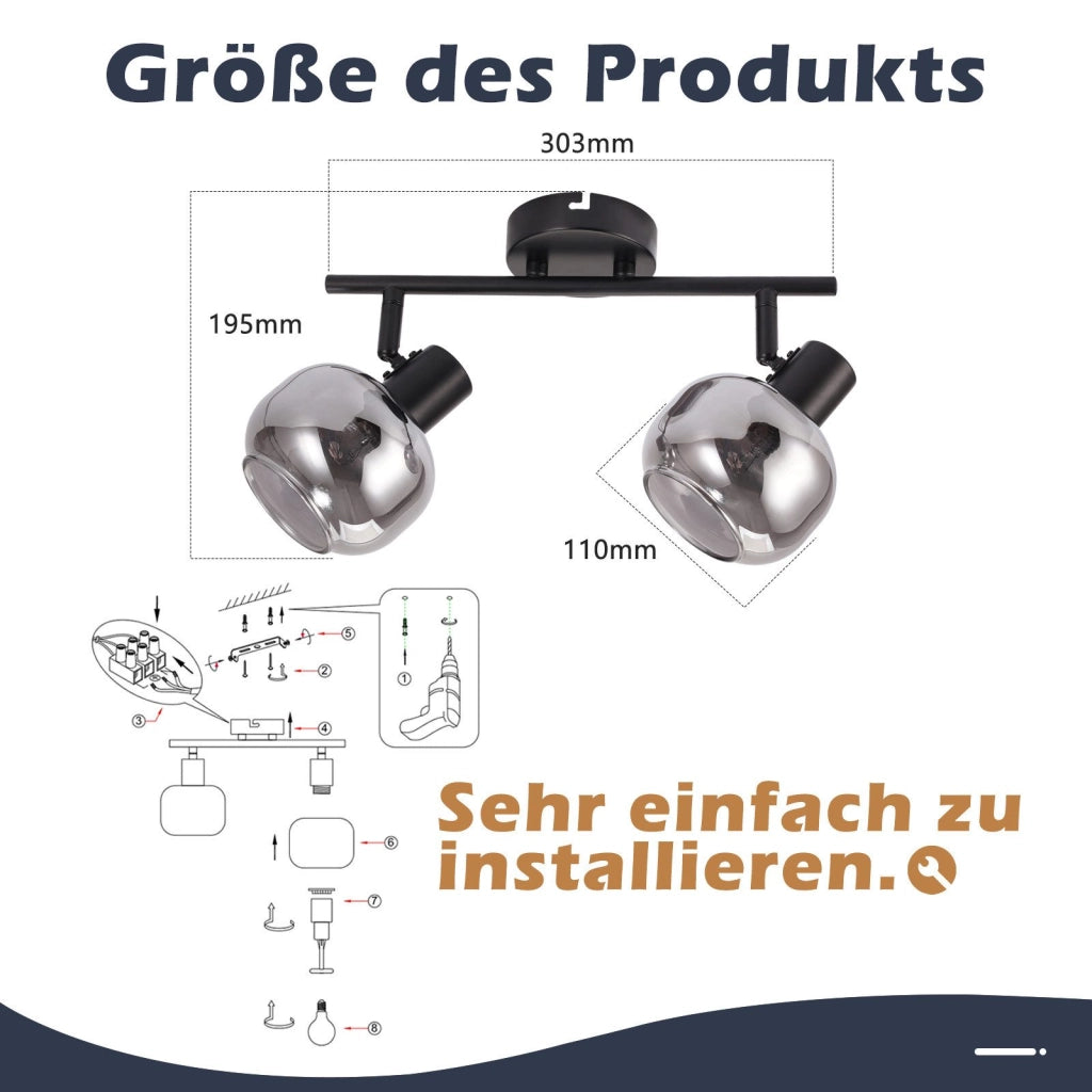 ZMH Faretto da soffitto vetro grigio fumé girevoli 350° retrò per soggiorno cucina corridoio