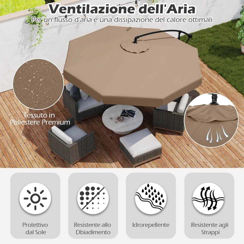 Ombrellone da Giardino 290 cm a Braccio | Inclinazione Regolabile, Manovella, 8 Stecche, Telo Solare, Copertura Inclusa