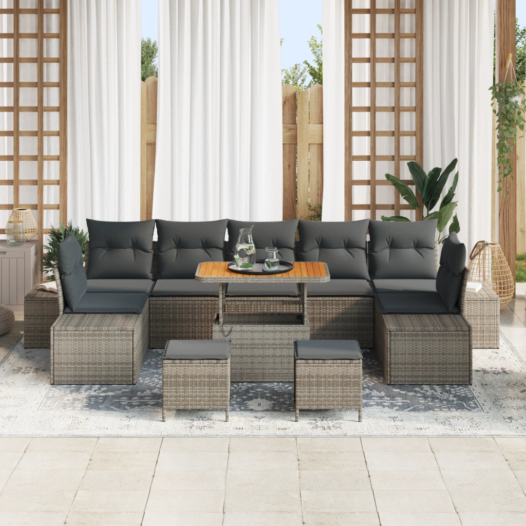 Set divano da giardino da 10 pezzi con cuscini grigio polyrattan acacia