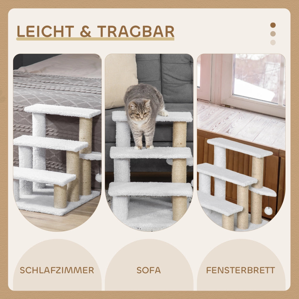 Scaletta per gatti 3 gradini con palo tiragraffi e palla ¨C zephmum ¨C 45x40x48 cm bianco
