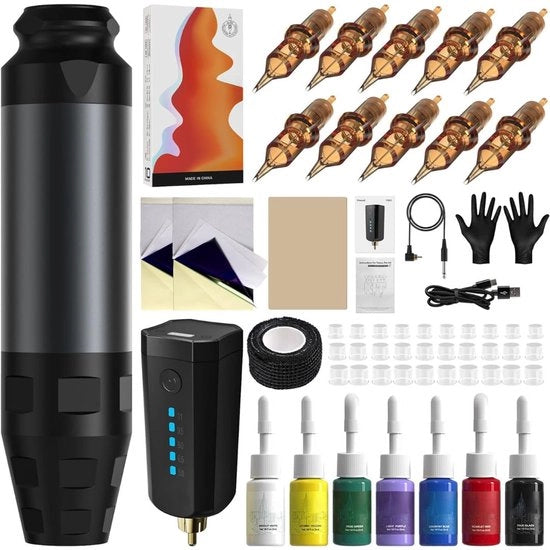 Macchina da Tatuaggio di Alta Qualità con Accessori - Macchine da Tatuaggio Senza Fili - Set di Tatuaggio Incluso Inchiostro e Aghi - Kit di Tatuaggio con Borsa di Trasporto - Per Professionisti e Principianti - B