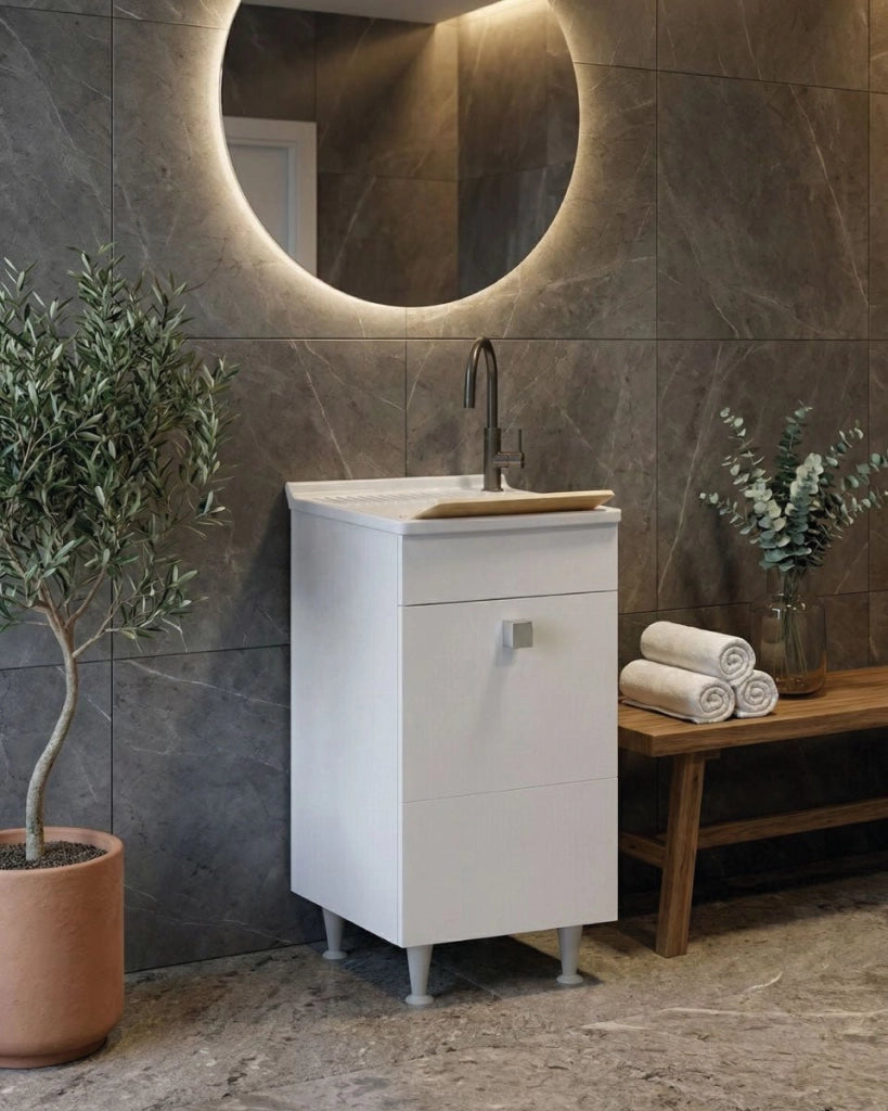 Mobile lavatoio Lina - Con 1 anta e lavatoio - Contenitore salvaspazio per bagno e lavanderia - Bianco - 46 x 89 x 51 cm_