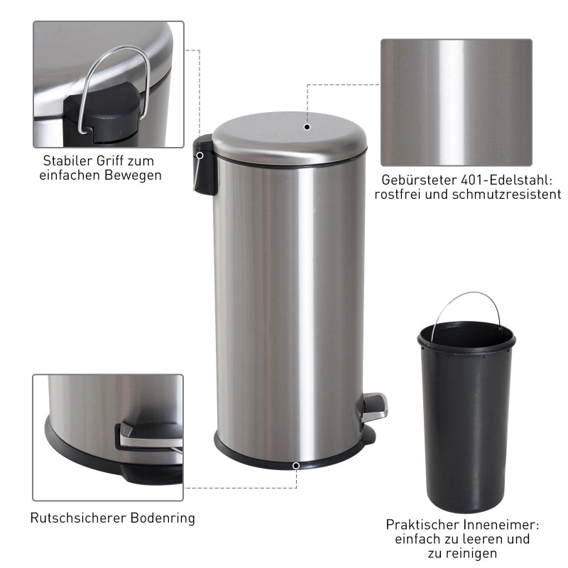 CESTINO PORTARIFIUTI A PEDALE 30 L ACCIAIO INOX ARGENTO