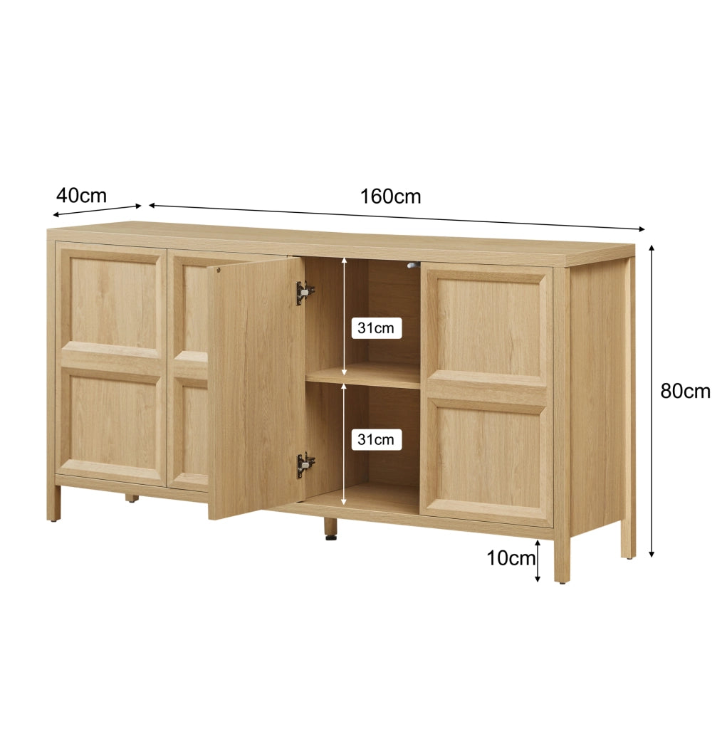 Sideboard moderno in rovere chiaro 160x40x80 cm con apertura Tip-On e cerniere soft-close