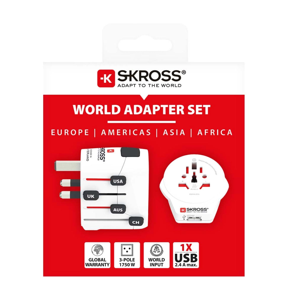 Adattatore da viaggio mondiale a 3 poli con porta USB 12W 2,4A Bianco Skross