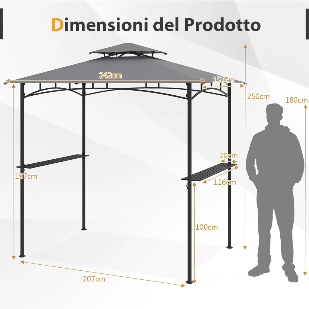 Gazebo per Barbecue 242 x 150 x 250 cm, Bazebo da Giardino per Griglia a Doppio Tetto con 2 Ripiani Laterali e 6 Ganci, Gazebo per BBQ da Giardino, Patio e Terazza, Grigio