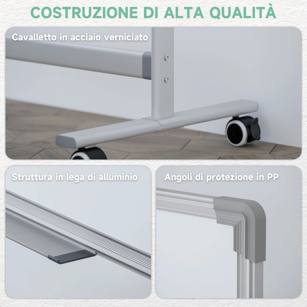 Lavagna Magnetica Bianca a 2 Facce con Accessori e 4 Ruote. in Alluminio e Acciaio. 127x50x165 cm