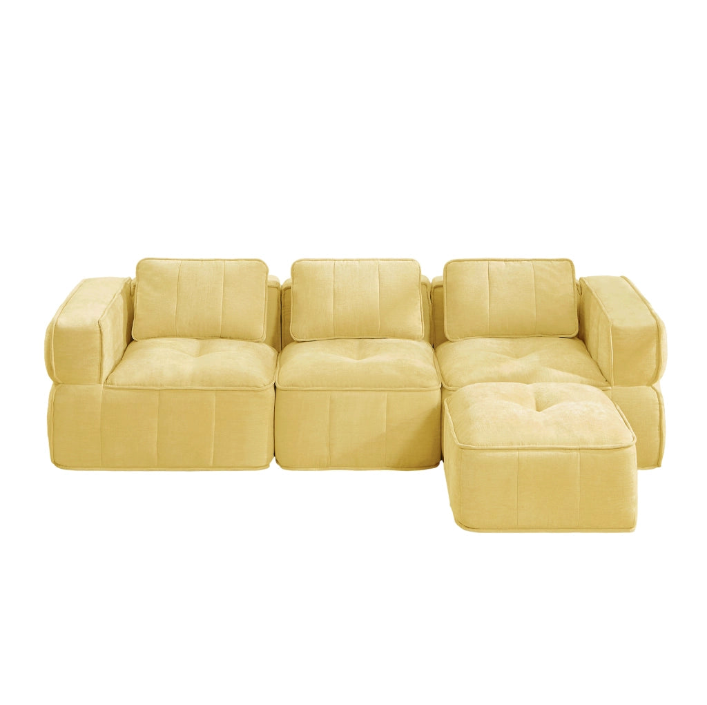 Divano modulare angolare 3 posti con pouf; seduta profonda in poliestere giallo 271x162x67 cm