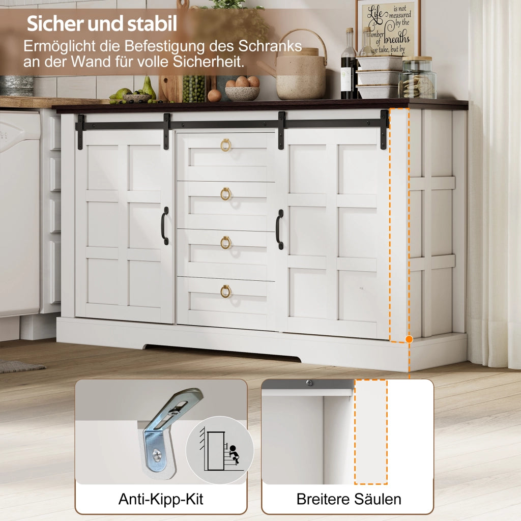 Credenza con 2 ante scorrevoli; 4 cassetti e ripiani regolabili per cucina in MDF bianco 150×40×85 cm