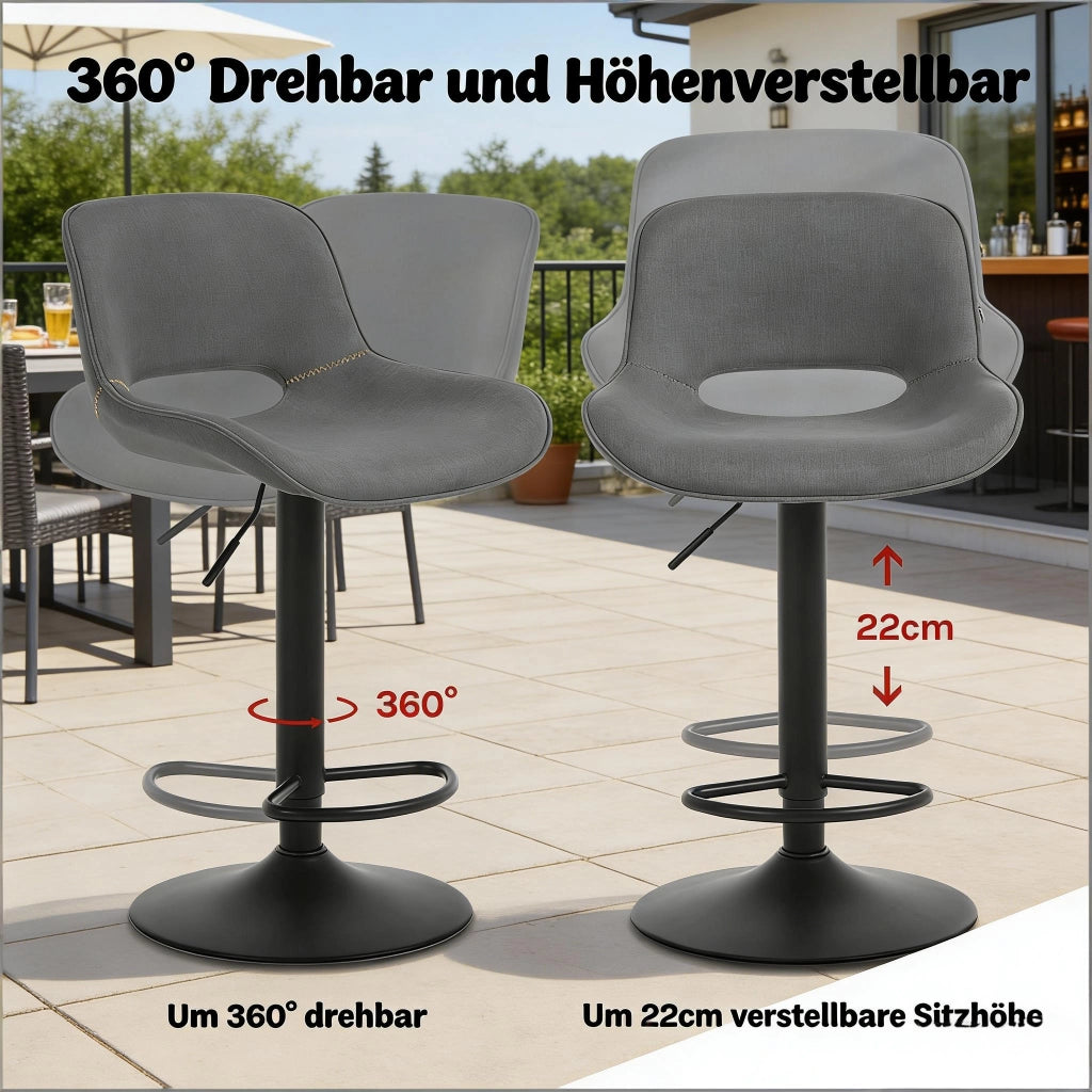 Sgabello da bar girevole con schienale ergonomico e seduta imbottita in lino e metallo grigio altezza regolabile set da 2