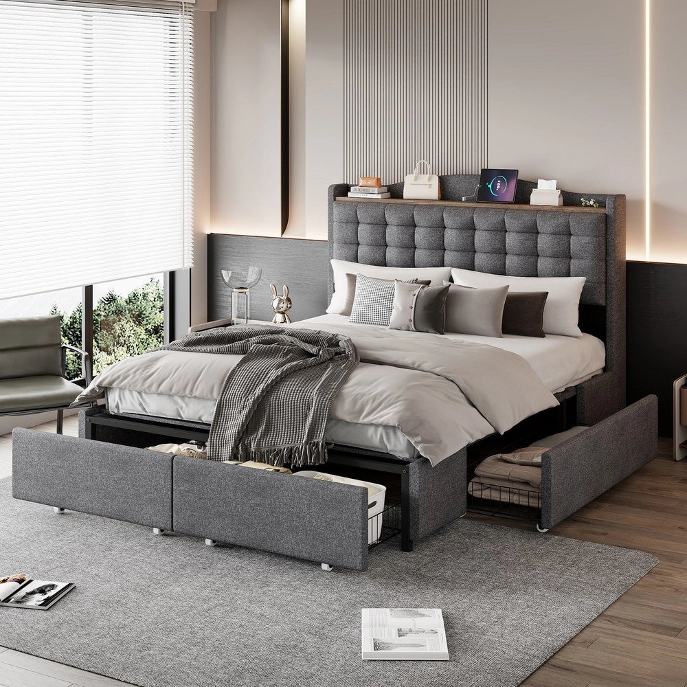Letto Imbottito Matrimoniale con Cassetti e Comodini ¨C MINIMAL ¨C Tessuto Grigio 140x200