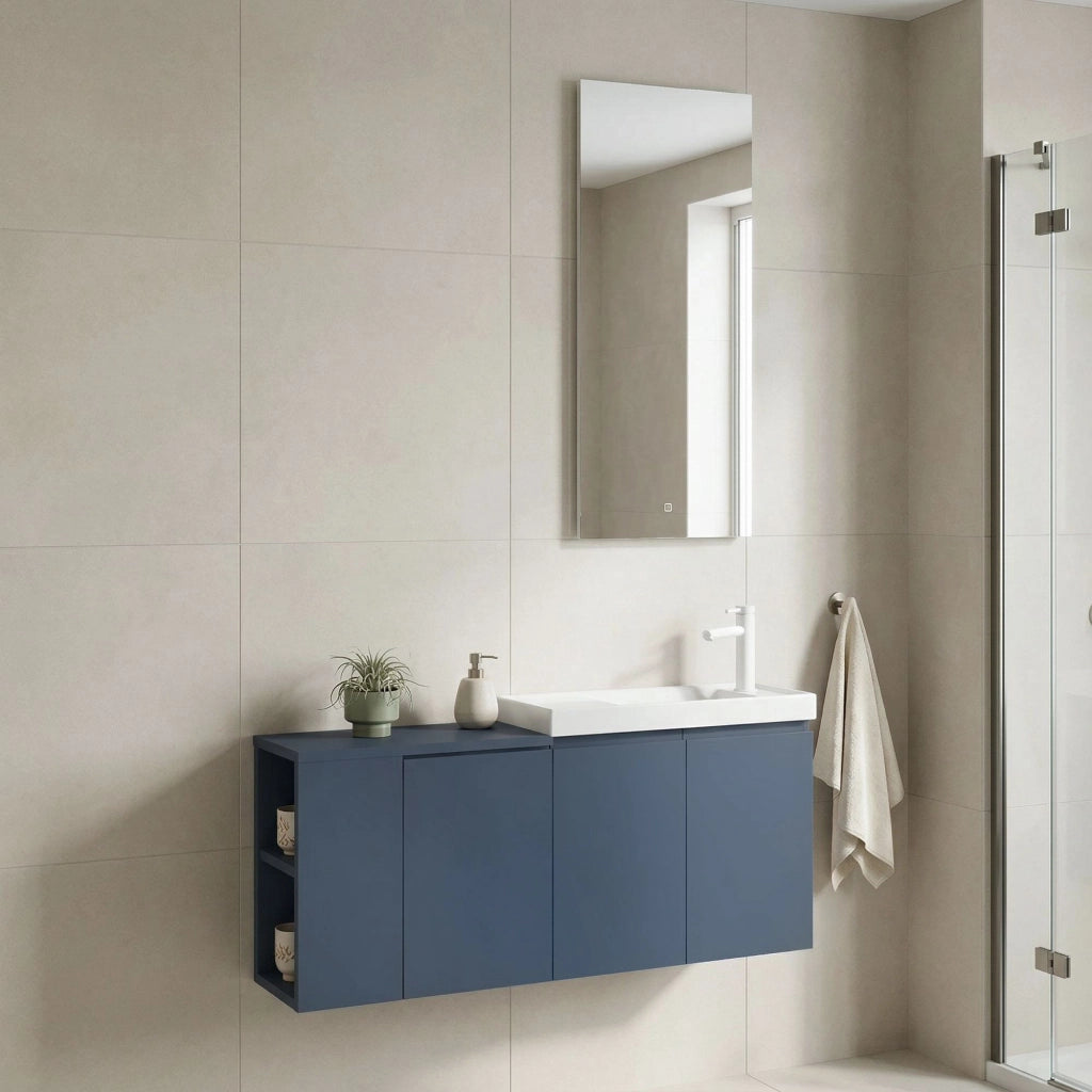 Set mobile lavabo con specchio (2 pezzi) "Ferla 110" - 110 x 22 x 45 cm - Blu opaco