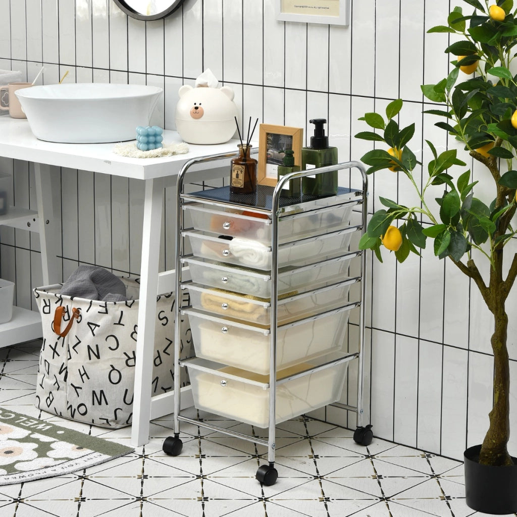 Carrello cassettiera multiuso con 6 cassettiera in plastica con ruote, Carrello per cucina 43,5x34x76cm Trasparente-Armadi da ufficio