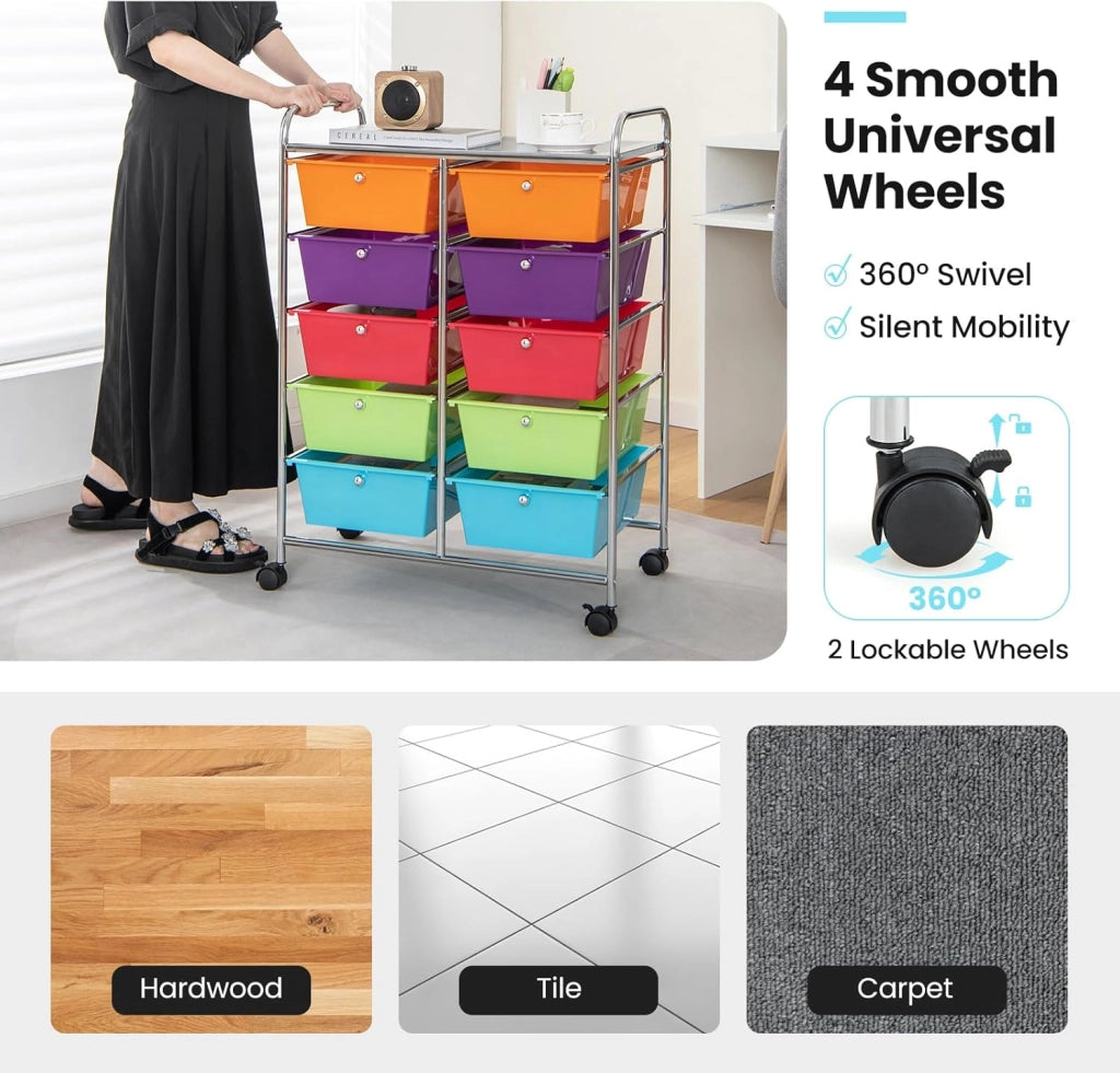 Carrello con 10 cassetti, impilabile, carrello per cassetti, carrello da cucina con ruote bloccabili, carrello per cucina, bagno, ufficio, 65,5 x 37 x 87 cm, colorato