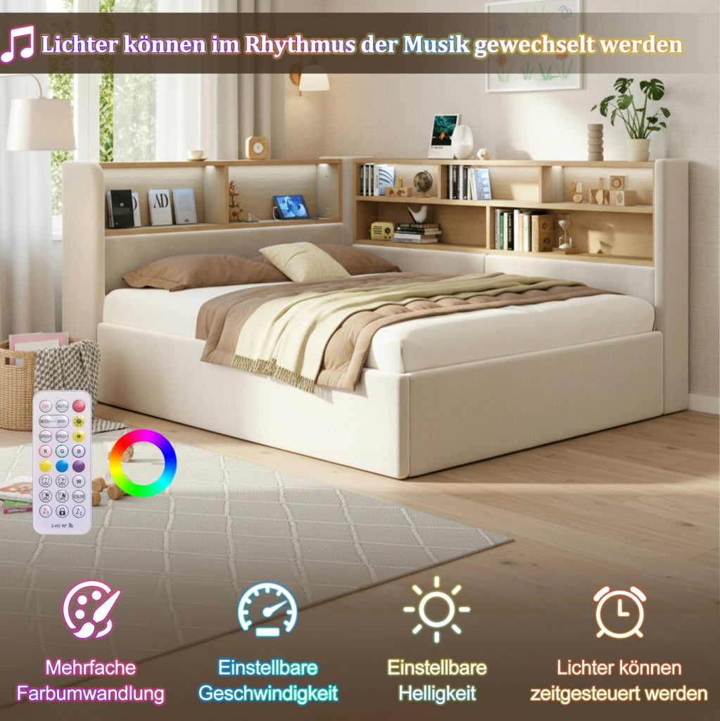 Letto imbottito beige con vano idraulico, LED e porte USB