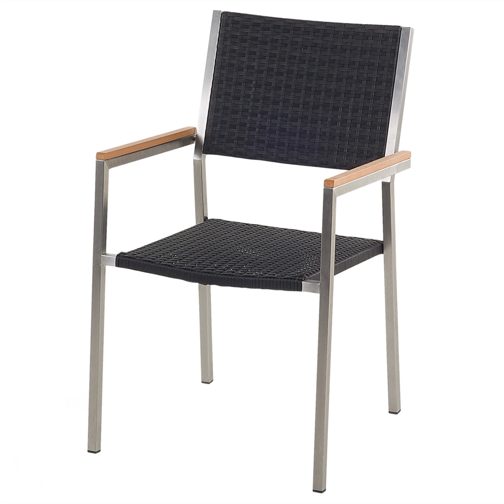Set di 2 Sedie da Pranzo da Giardino Seduta in Finta Rattan Nero e Argento Gambe in Acciaio Inox Impilabili per Esterni