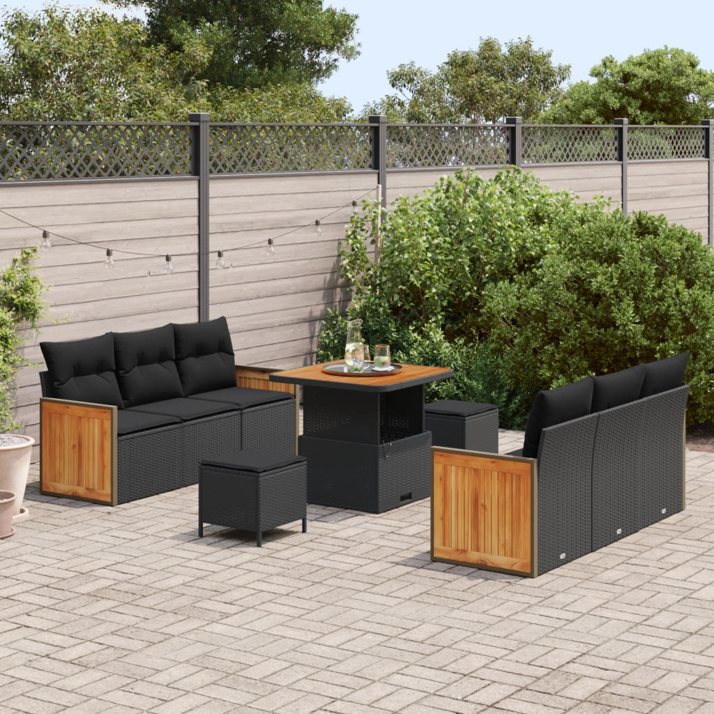 Set Divano da Giardino  9 Pezzi con Cuscini Nero Polyrattan Acacia
