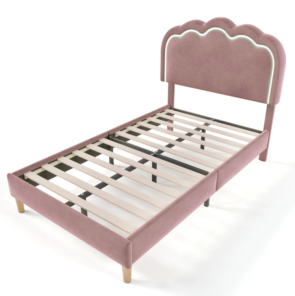 Letto imbottito 90x200 cm; testiera LED regolabile; velluto rosa (Senza materasso)