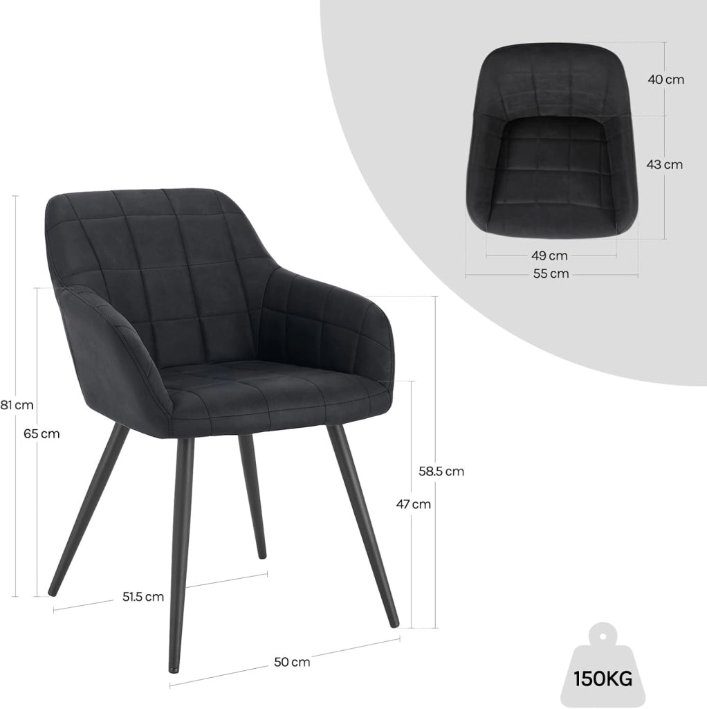 Set di 2 Sedie per Sala da Pranzo Imbottita, Poltroncina in Stoffa Lino,Sedia da Cucina con Braccioli e Schienale, Gambe in Metallo, moderne,Antracite, BH224an-2