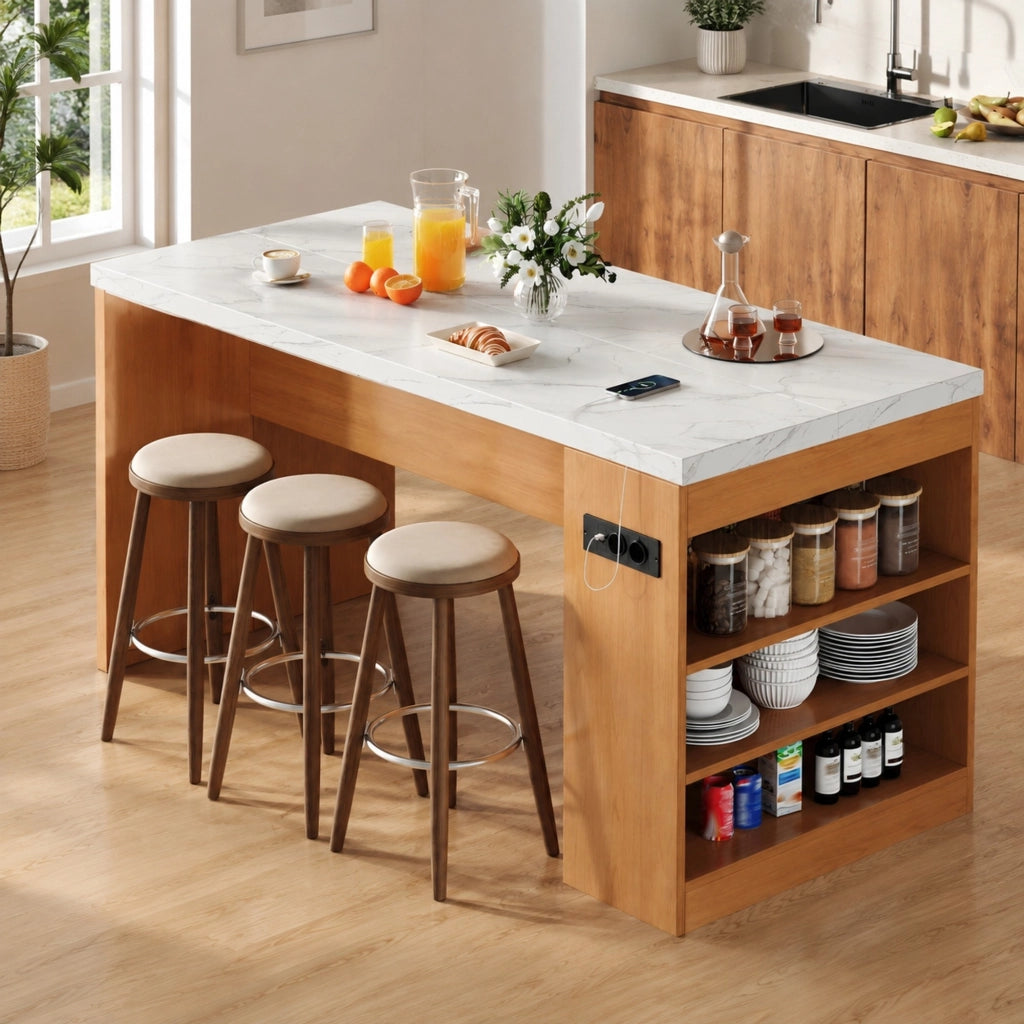 Isola da cucina 155x80x90 cm con LED; prese AC e USB; piano in MDF naturale e bianco