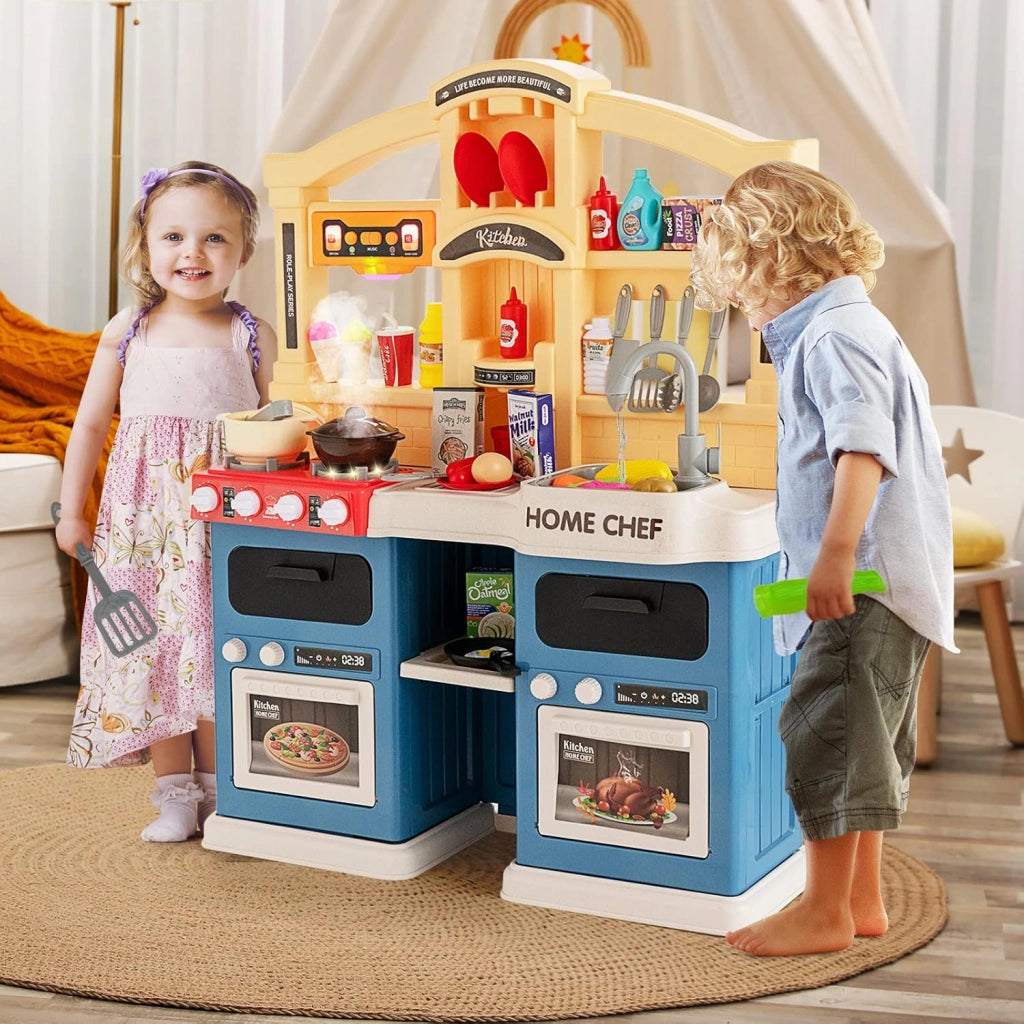 Cucina Giocattolo per Bambini, Cucina per Bambini con Forno, Microonde, Lavello e Rubinetto, Funzione Luci e Suoni, Vapore e Ebollizione, 69 Accessori, per Bambini 3+ Anni (Blu)