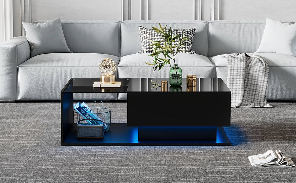 TAVOLO da caffè 100x50x32 cm nero lucido con vetro, cassetto e LED