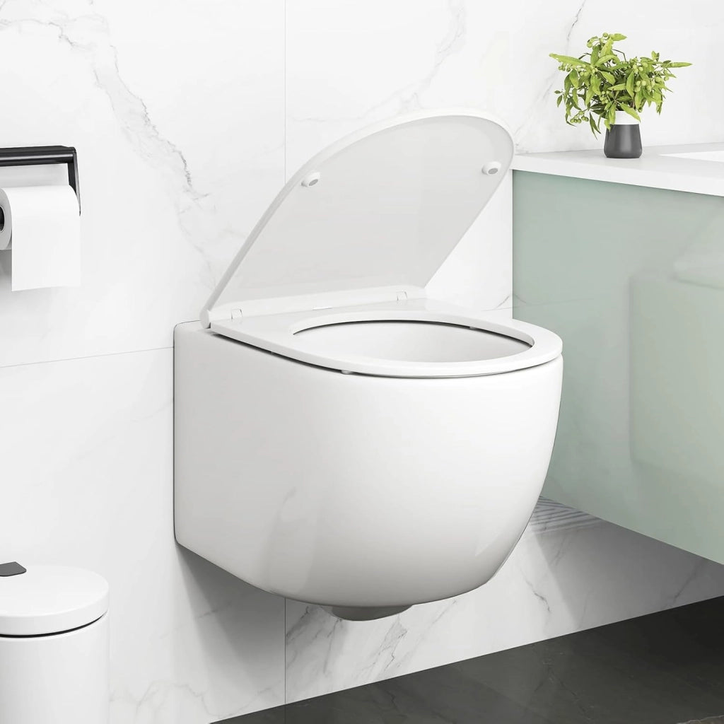 Sanitari Bagno a Muro, Sanitari Bagno Sospeso con Sistema di Doppio Scarico, Meccanismo di Chiusura Ammortizzata e Accessori di Montaggio, Facile da Pulire