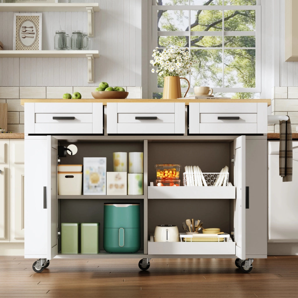 Carrello isola cucina pieghevole con piano estensibile, vani contenitore, 3 cassetti, prese e ruote 120 x 45(70) x 84 cm