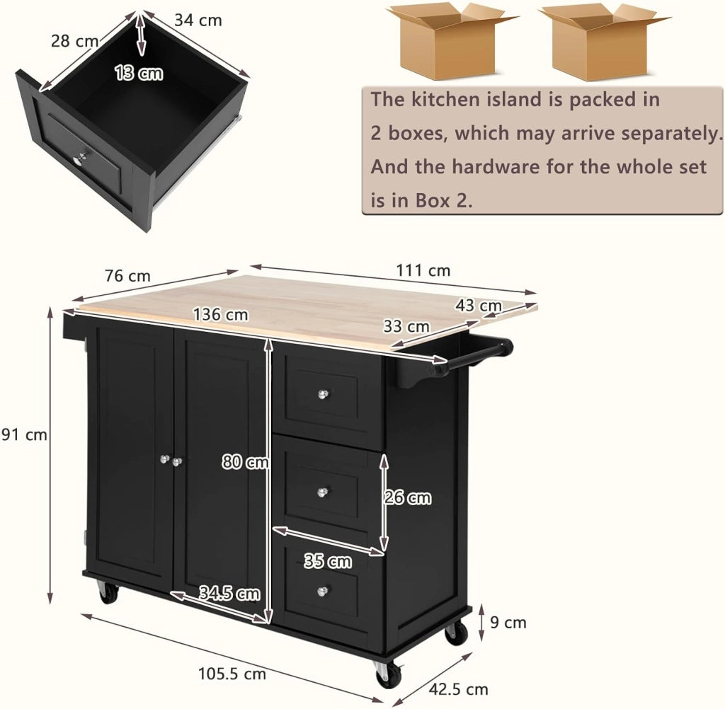 Carrello da Cucina con Pannello Pieghevole Portato fino a 50 kg, Isola da Cucina 43x136x91cm, Carrello Portaoggetti in Legno con Ruote, Multifunzione e Grande, Nero (Nero)