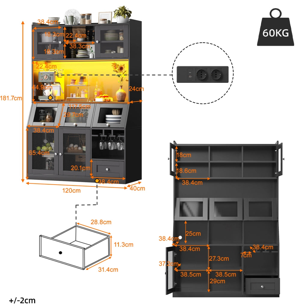 Mobile da cucina multifunzionale 120x40x181,7 cm con LED, USB e ripiani regolabili, nero