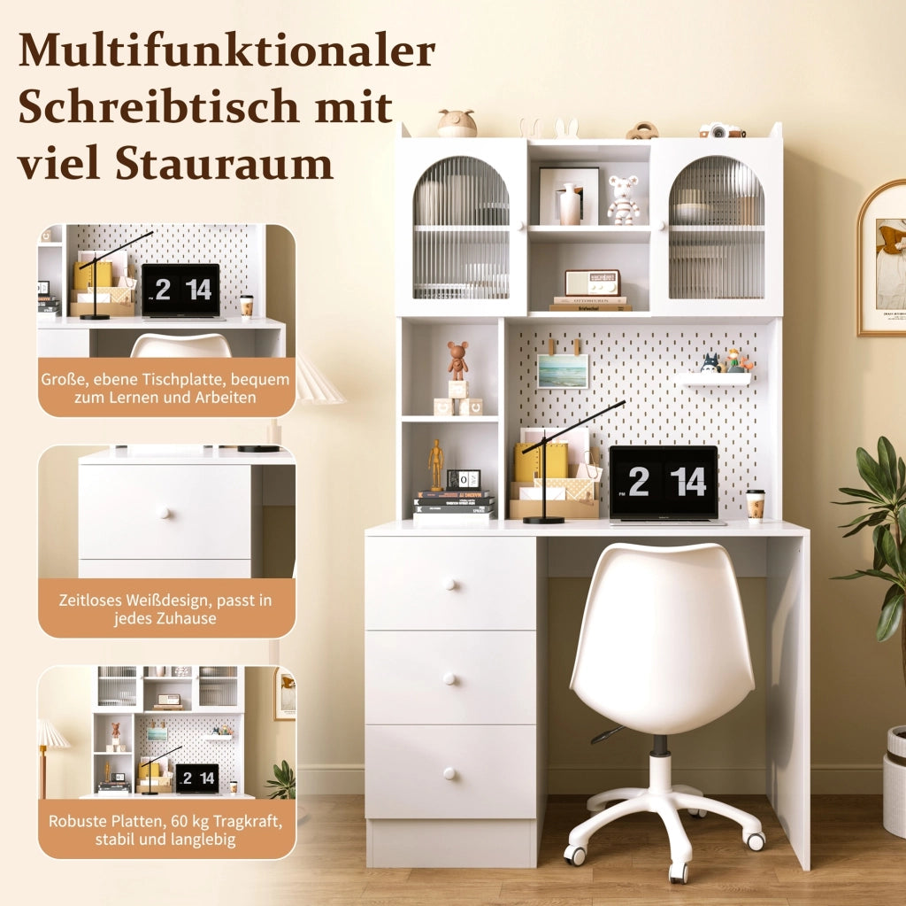 Scrivania con libreria; vetrina e bacheca 100 x 55 x 180 cm in MDF bianco