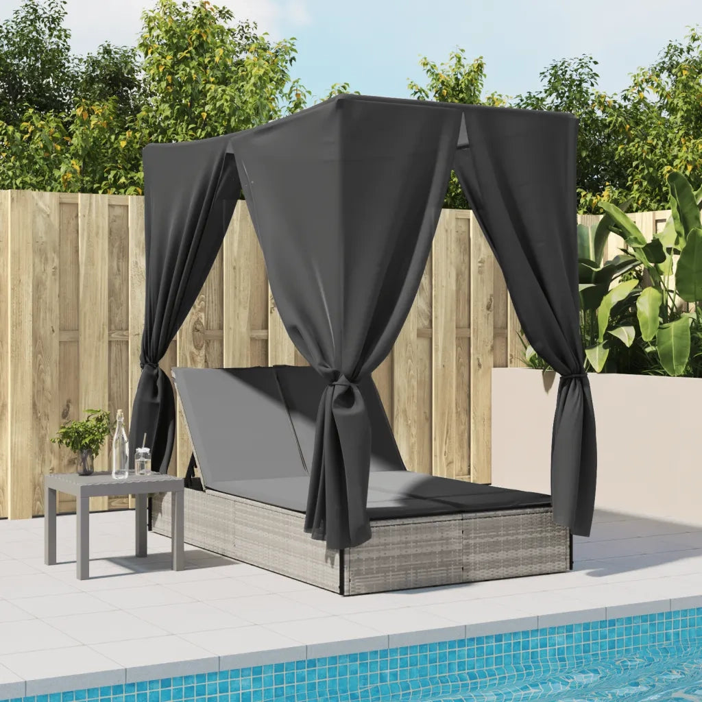 Lettino Prendisole | Sdraio da giardino | Lettino da sole Tetto e Tende Grigio Chiaro in Polyrattan