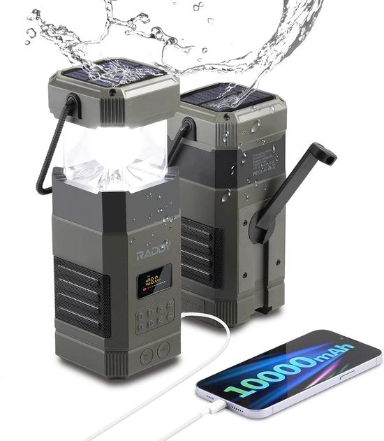 Radio portatile con zampino, torcia da campeggio, ricaricabile, 10.000 mAh, emergenze, altoparlante Bluetooth, IPX6, dinamo a manovella su FM, torcia, allarme SOS per esterno