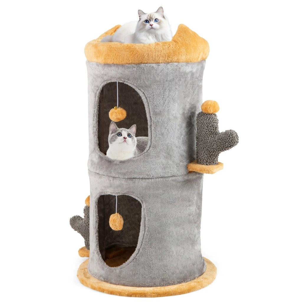 Grazioso albero per gatti con 2 comode casette e piattaforma imbottita in peluche, Casa per gatti a 2 piani-Alberi Tiragraffi