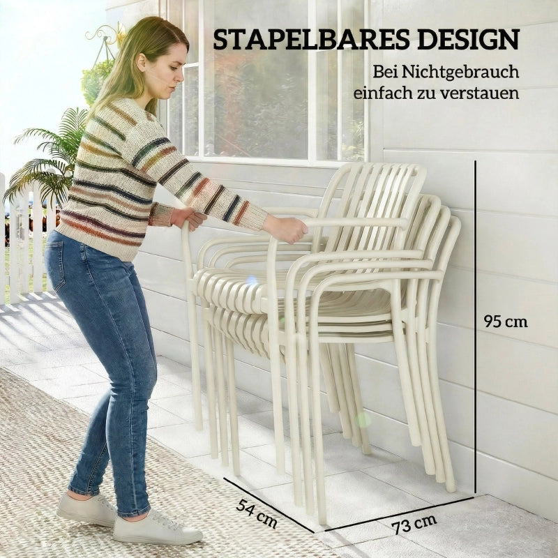 Set di 4 sedie da giardino impilabili con braccioli a doghe, ergonomiche, color crema.