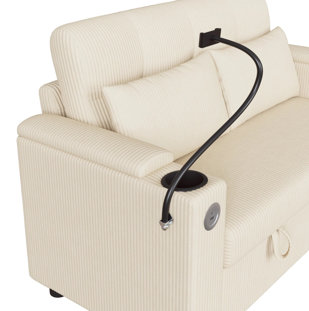 Divano 2 posti con contenitore; USB/Type-C e portabevande in velluto a coste beige HOMVRA