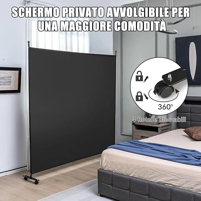 Separé Divisorio Singolo 184 x 184 CM, Paravento da Interno ed Esterno con Ruote Bloccabili, Pannello Divisorio per Ambienti Interni Portatile da Soggiorno Camera da Letto e Ufficio (Nero)